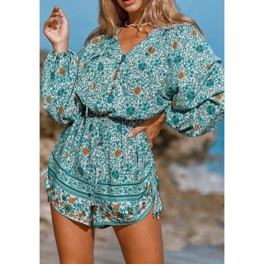 Cupshe Floral Boho Romper Cover Up Long Sleeve Cinch Waist Sz L NWT